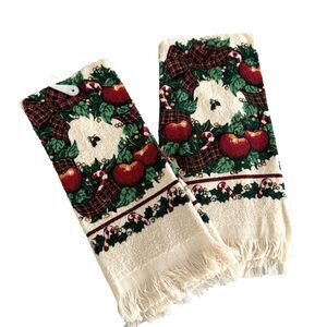 Vtg Cecil Saydah Christmas 2pc Kitchen Towels Dish Wreath Apples Cotton Xmas NWT